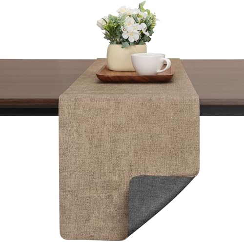 Chitomars Table Runners 72 Inches Long, Dual-Sided Faux Leather Farmhouse Table Runner Waterproof Heatproof Non-Slip for Living Room Party Home Decor Holiday Decorations(Gray Beige, 12 x 72 Inch) - Image 1