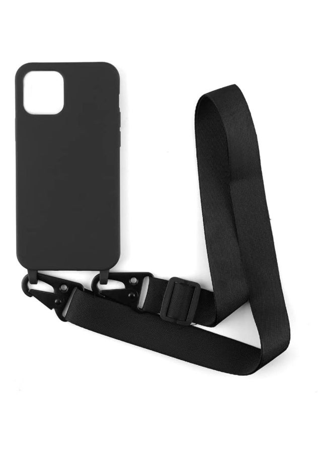 Compatible with IPhone 13 Pro Max Crossbody Silicone Soft Matte Case TPU Shell Adjustable Neck Cord Strap Shockproof Lanyard Case-Black - Image 1