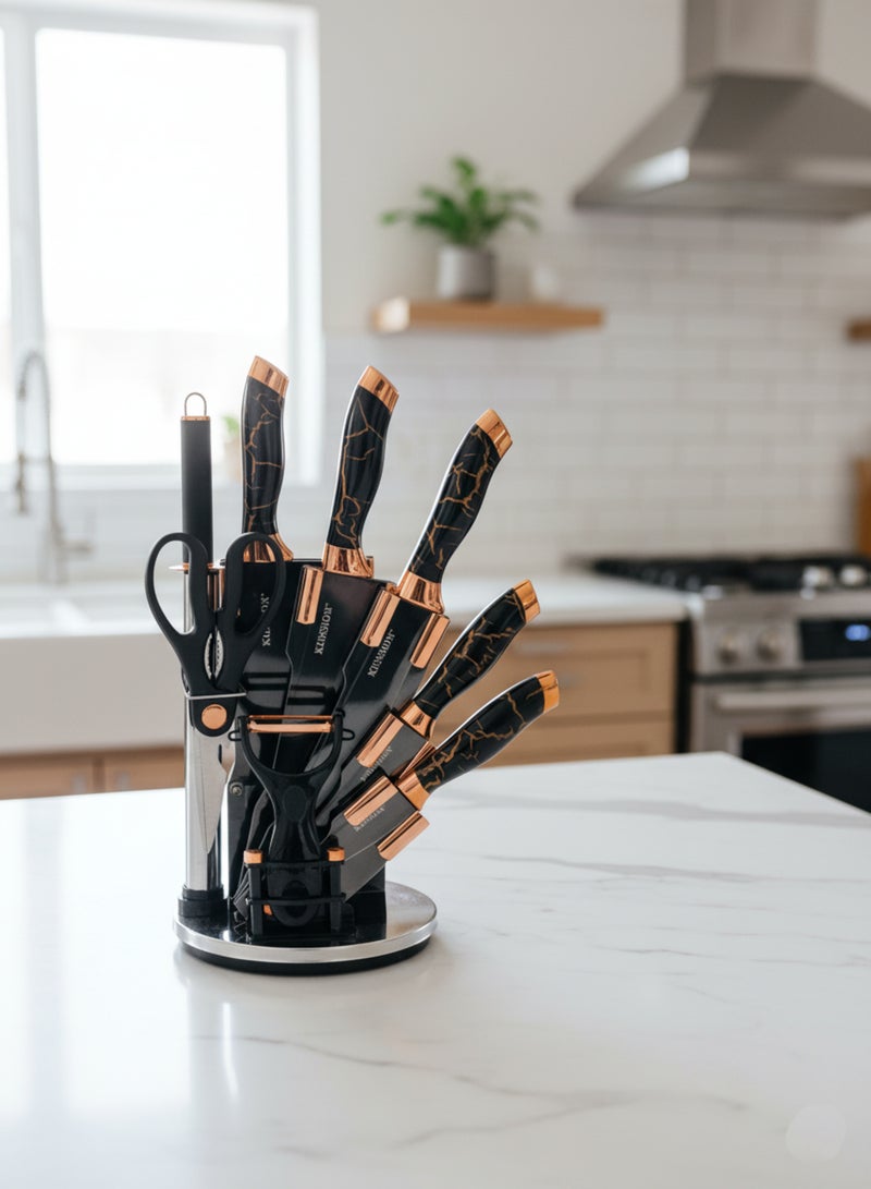 باصرة طقم سكاكين مطبخ من الستانلس ستيل مع قشارة ومقص مع ستاند مكون من 9 قطع - Image 4