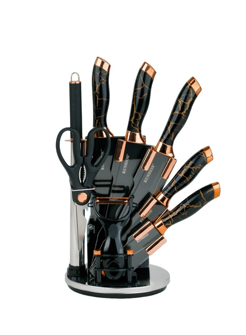 باصرة طقم سكاكين مطبخ من الستانلس ستيل مع قشارة ومقص مع ستاند مكون من 9 قطع - Image 3