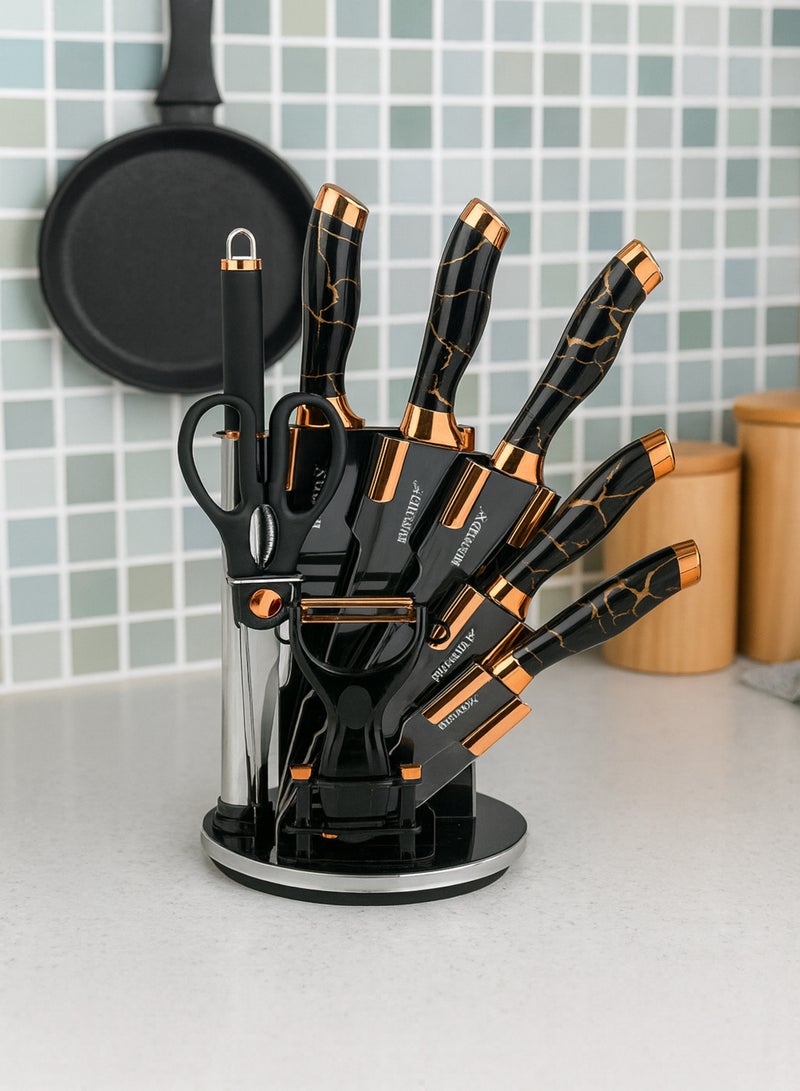 باصرة طقم سكاكين مطبخ من الستانلس ستيل مع قشارة ومقص مع ستاند مكون من 9 قطع - Image 2