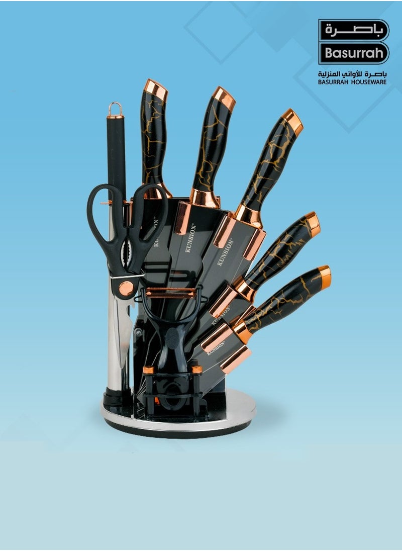 BASURRAH 9 Piece Stainless Steel Kitchen Knife Set with Peeler and Scissors with Stand  - Image 1
