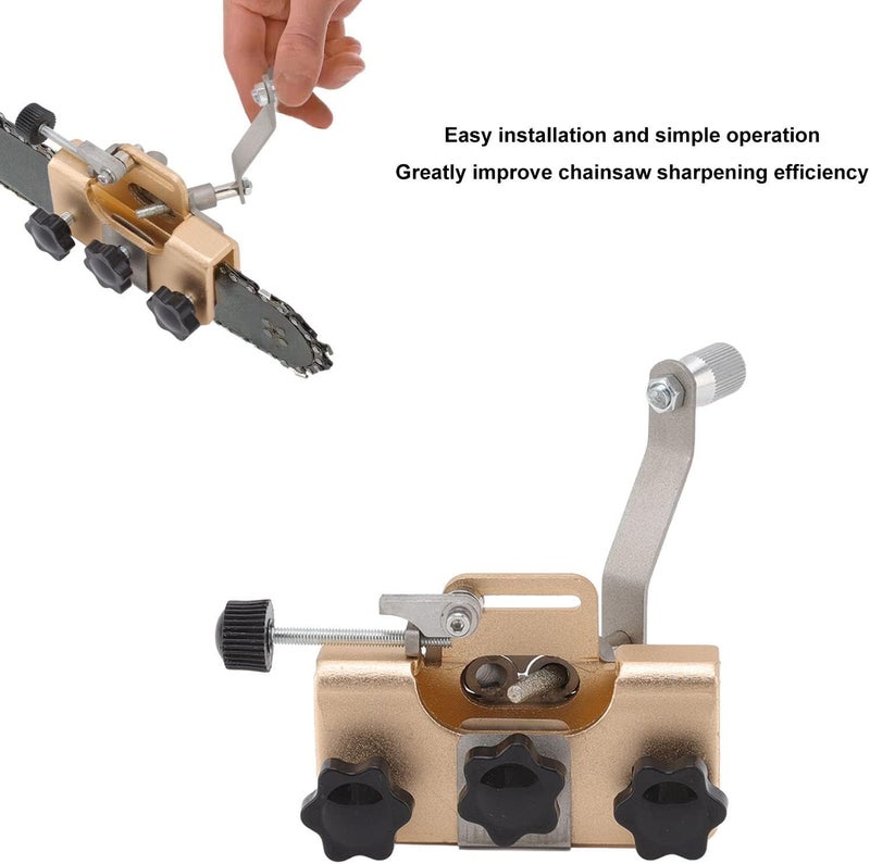 Chainsaw Sharpener Manual Mini Chainsaw Sharpening Jig Set, Hand Crank Chain Sharpener Tool with 3 Grinding Heads, Portable Convenient Chainsaw Chain Sharpening Jig Kit (Gold) - Image 2