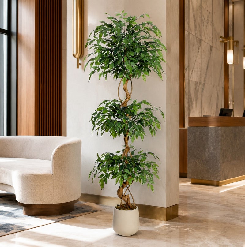 زفيزفيا Ficus الشجرة الاصطناعية مع الجذع المنحني، 120 سم / 150 سم / 180 سم النبات الزائف أشجار الحرير المزيفة مع وعاء أبيض، مزيفة Ficus شجرة للديكور المنزلي، النباتات الاصطناعية الداخلية للمكتب الداخلي غرفة المعيشة محاكاة النبات وعاء الزهور الاصطناعية أشجار مزيفة ديكور المناظر الطبيعية الداخلية - Image 1