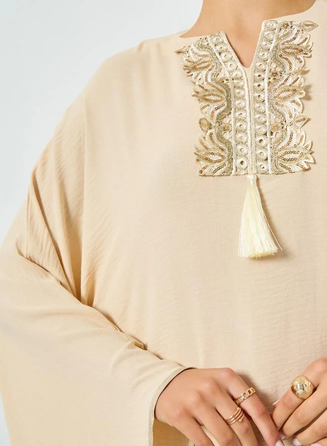 Take Two  Beige Embroidered Tassel Detail Kaftan for Women | Best Price UAE