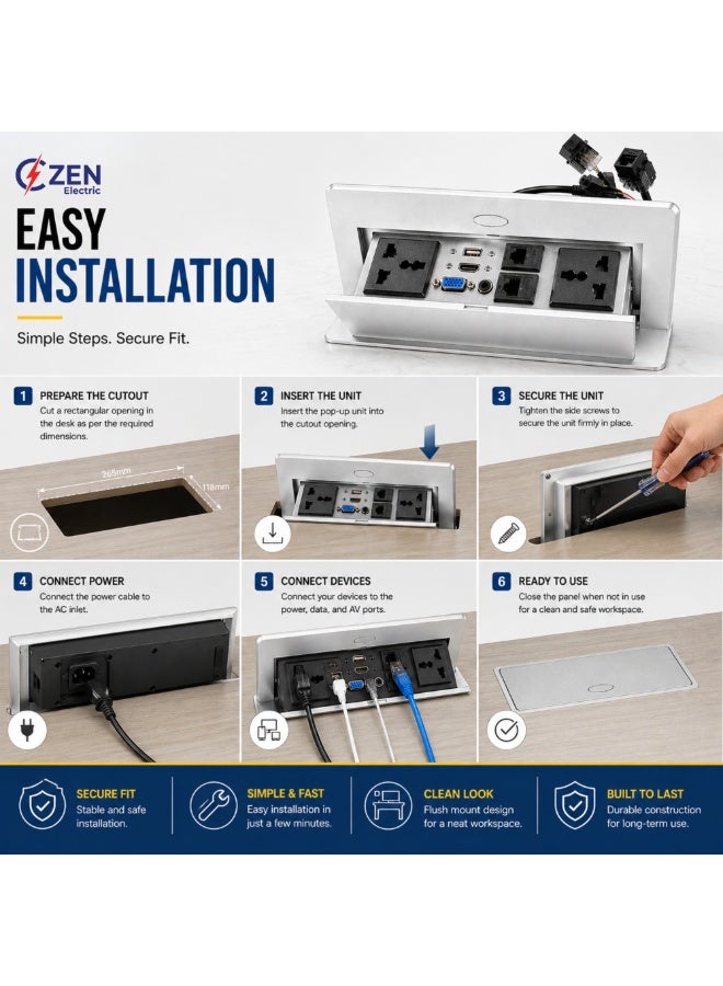 CZEN ELECTRIC Flip-Top Desk Power Socket Box, 2 Universal Outlets, USB, HDMI, VGA & LAN Ports, Built-in Conference Table Power & Data Hub for Office & Workspace (SILVER) - Image 5