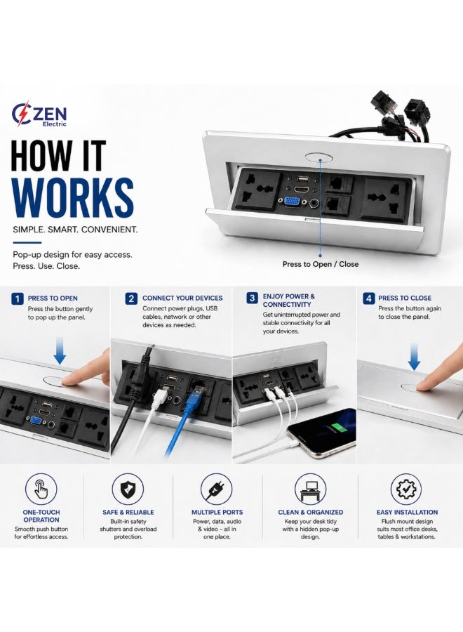 CZEN ELECTRIC Flip-Top Desk Power Socket Box, 2 Universal Outlets, USB, HDMI, VGA & LAN Ports, Built-in Conference Table Power & Data Hub for Office & Workspace (SILVER) - Image 3