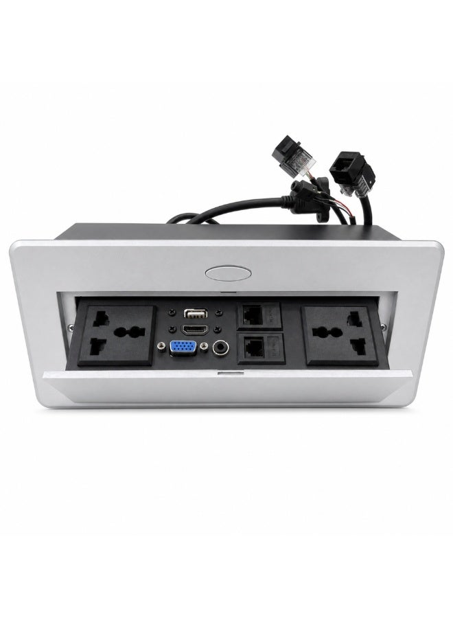 CZEN ELECTRIC Flip-Top Desk Power Socket Box, 2 Universal Outlets, USB, HDMI, VGA & LAN Ports, Built-in Conference Table Power & Data Hub for Office & Workspace (SILVER) - Image 1