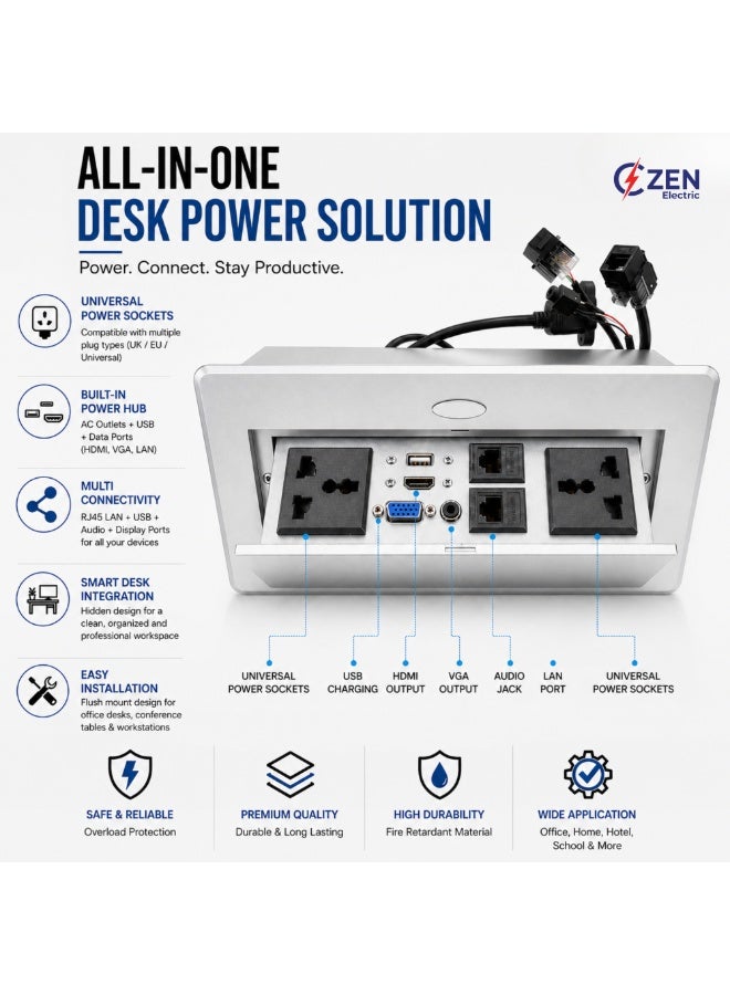 CZEN ELECTRIC Flip-Top Desk Power Socket Box, 2 Universal Outlets, USB, HDMI, VGA & LAN Ports, Built-in Conference Table Power & Data Hub for Office & Workspace (SILVER) - Image 2