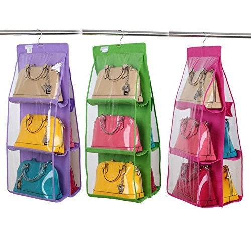 ShopAIS 6 Pocket PVC Storage Bag Organizer Hanging Bags Closet Organizer Wardrobe Rack Hangers Holder for Fashion Handbag Purse Pouch (Pink) - Image 3