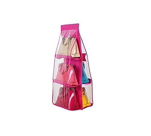 ShopAIS 6 Pocket PVC Storage Bag Organizer Hanging Bags Closet Organizer Wardrobe Rack Hangers Holder for Fashion Handbag Purse Pouch (Pink) - Image 1