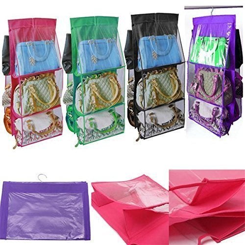 ShopAIS 6 Pocket PVC Storage Bag Organizer Hanging Bags Closet Organizer Wardrobe Rack Hangers Holder for Fashion Handbag Purse Pouch (Pink) - Image 4