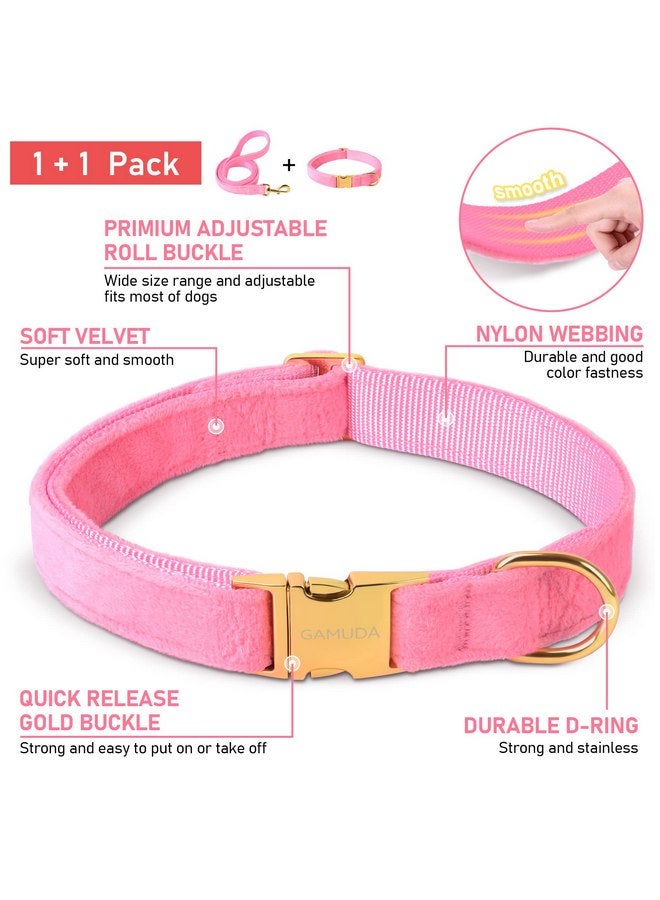 GAMUDA Velvet Dog Collar and Leash, Super Soft and Smooth, Heavy Duty Gold Buckle, Comfortable and Easy to Clean, Adjustable Collar for Dog (S, Pink) - Image 2