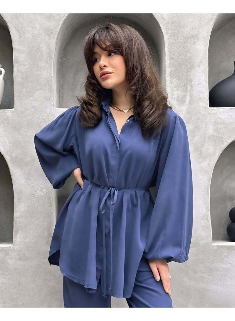 إرنيا طقم قميص نسائي فضفاض بأكمام واسعة وبنطلون واسع الساق - كاجوال، مريح، وأنيق مع حزام خصر للارتداء اليومي - Image 1