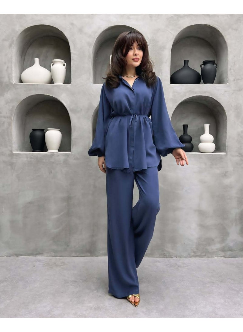 إرنيا طقم قميص نسائي فضفاض بأكمام واسعة وبنطلون واسع الساق - كاجوال، مريح، وأنيق مع حزام خصر للارتداء اليومي - Image 2