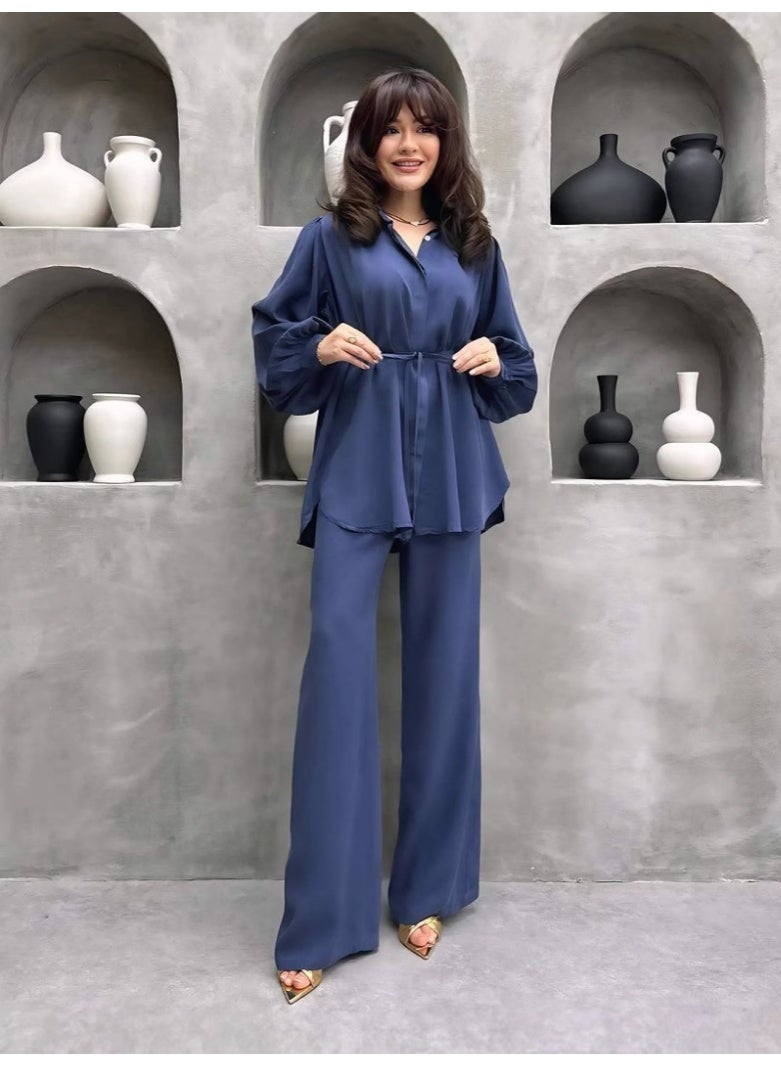 إرنيا طقم قميص نسائي فضفاض بأكمام واسعة وبنطلون واسع الساق - كاجوال، مريح، وأنيق مع حزام خصر للارتداء اليومي - Image 3