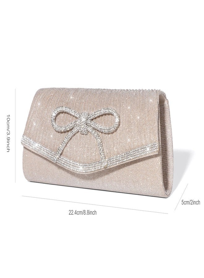 Trisapu Bow Evening Bag Sparkly Clutch Purses for Women Wedding Glitter Rhinestone Party Prom Purse Dressy Clutch Bags, Champagne, Small - Image 5