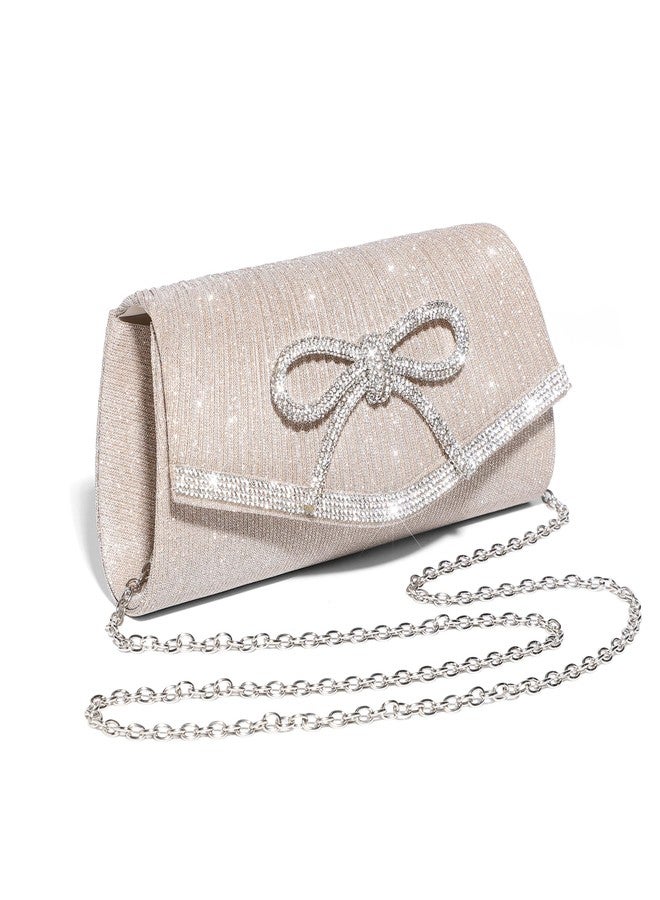 Trisapu Bow Evening Bag Sparkly Clutch Purses for Women Wedding Glitter Rhinestone Party Prom Purse Dressy Clutch Bags, Champagne, Small - Image 3