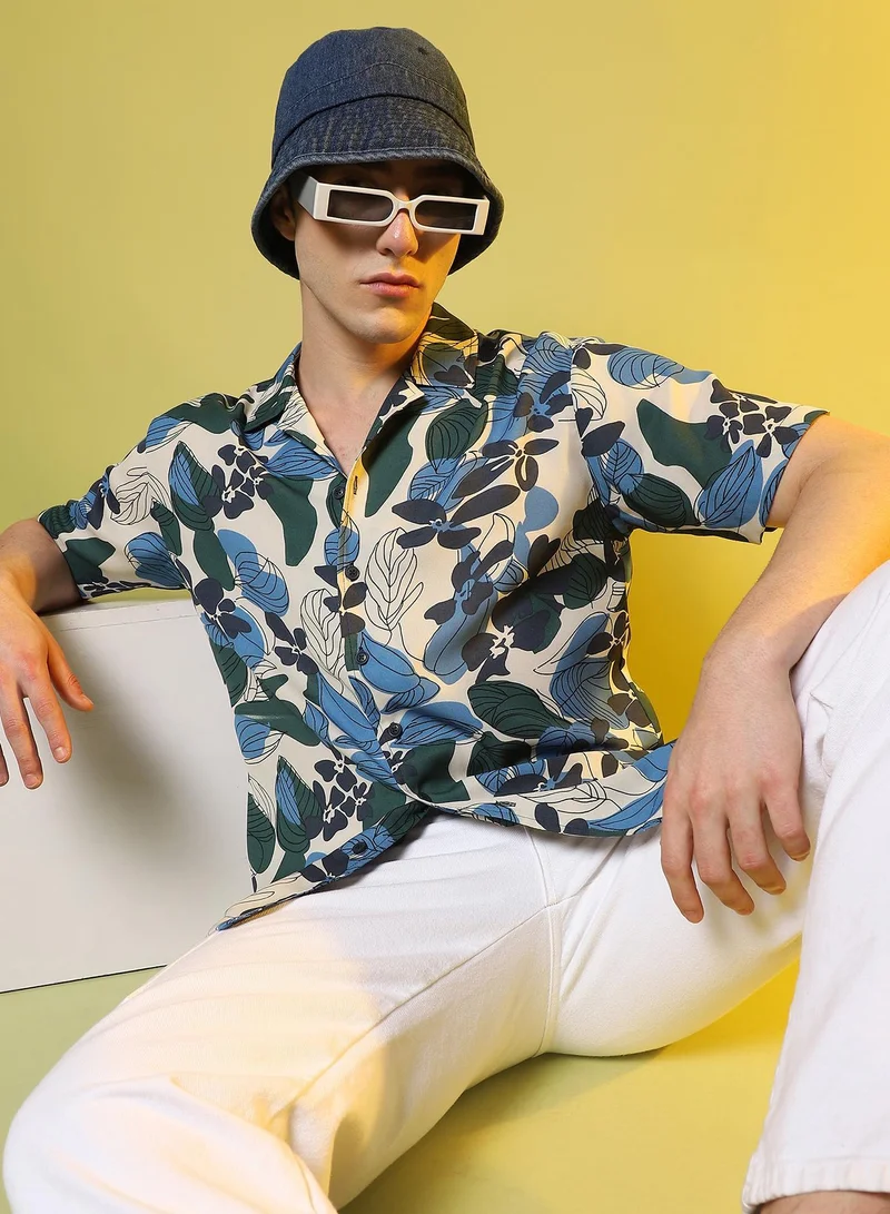 Campus Sutra Azure Blue & Forest Green Men's Azure Blue & Forest Green Floral Abstract Shirt for Men | Best Price UAE