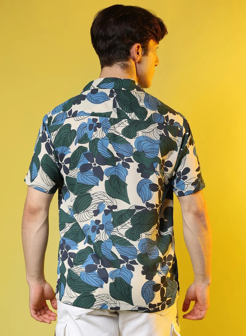Campus Sutra Azure Blue & Forest Green Men's Azure Blue & Forest Green Floral Abstract Shirt for Men | Best Price UAE