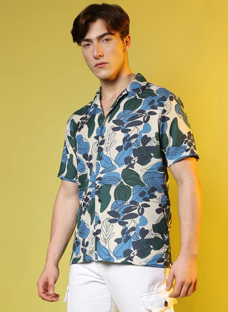 Campus Sutra Azure Blue & Forest Green Men's Azure Blue & Forest Green Floral Abstract Shirt for Men | Best Price UAE