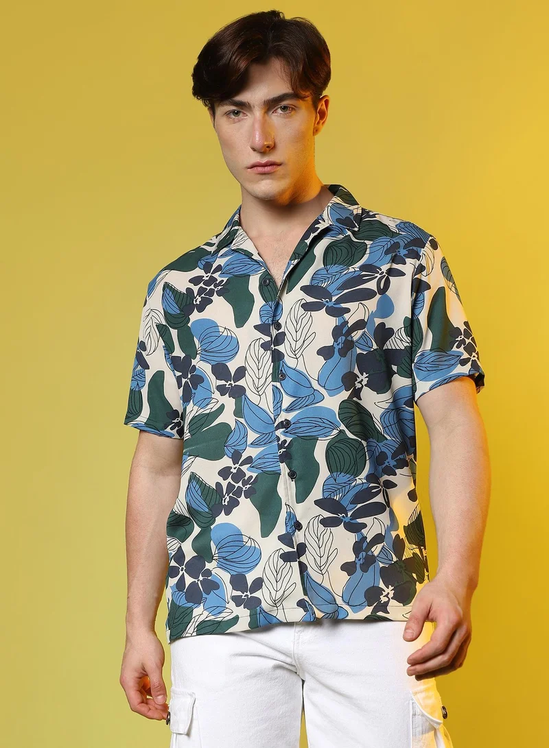 Men's Azure Blue & Forest Green Floral Abstract Shirt