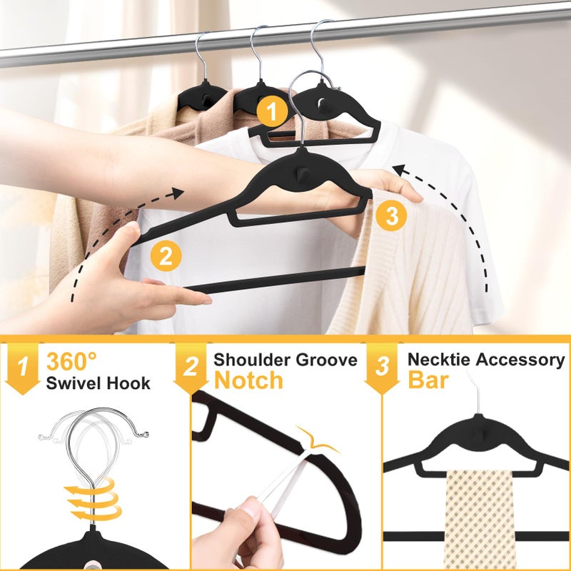 UEAKPIC Velvet Felt Stackable Hangers 50 Pack, Non Slip, with 360Â° Swivel Hook, Ultra Thin and Space Saving for Suits, Shirts, Coats, 15Lbs Capacity Heavy Duty, Black - Image 4