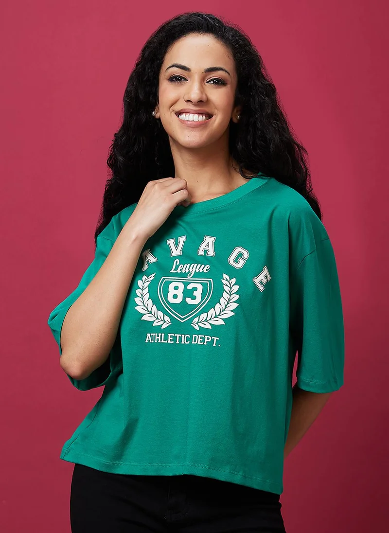 globus Globus Women Typography Printed Oversized Pure Cotton Boxy T-Shirt