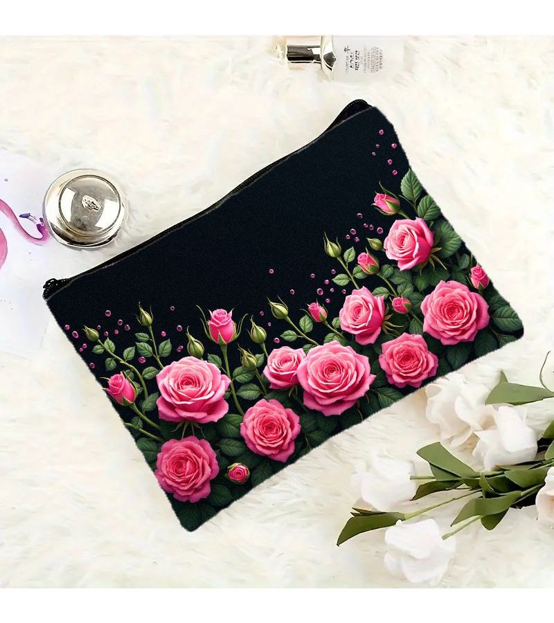 1pc Linen Double Sided Makeup Bag Lightweight Portable Pink Rose Floral 22x18cm Travel Toiletry Organizer Daily Essentials Storage Smooth Zipper Closure - Image 4