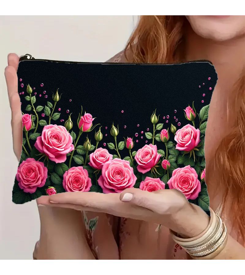 1pc Linen Double Sided Makeup Bag Lightweight Portable Pink Rose Floral 22x18cm Travel Toiletry Organizer Daily Essentials Storage Smooth Zipper Closure - Image 2