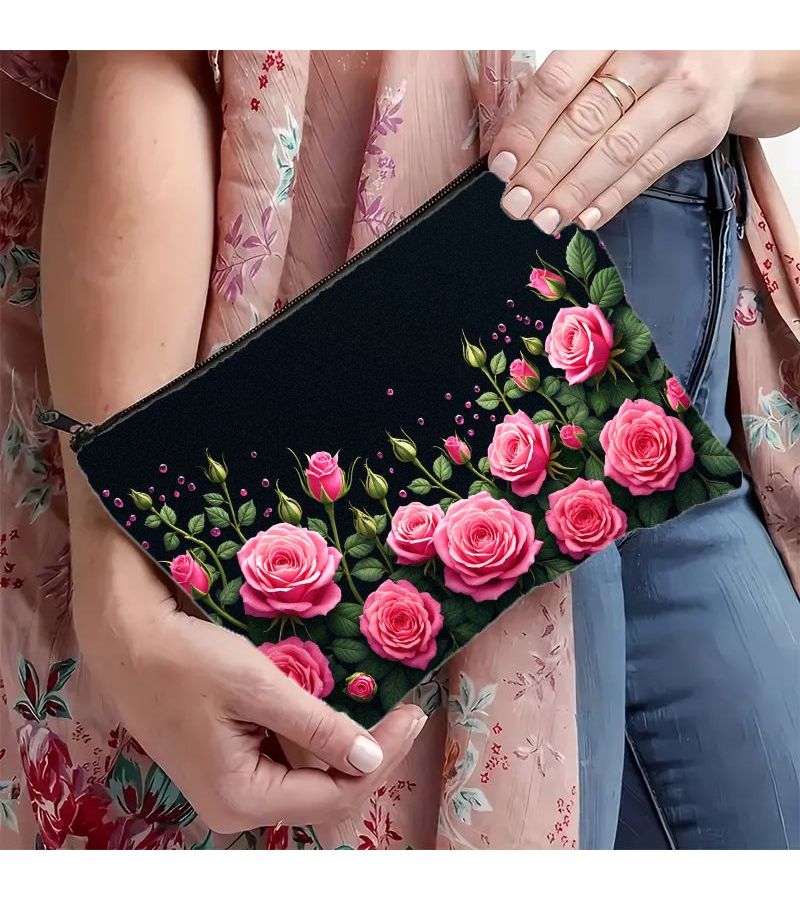 1pc Linen Double Sided Makeup Bag Lightweight Portable Pink Rose Floral 22x18cm Travel Toiletry Organizer Daily Essentials Storage Smooth Zipper Closure - Image 1