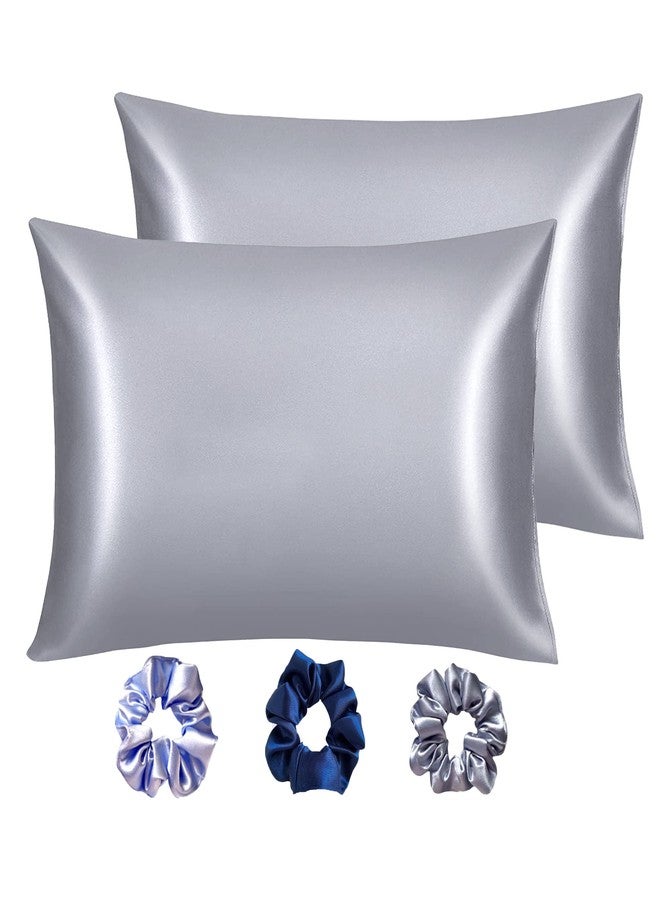 SILVR BEAR Premium Satin Pillow Covers + 3 Scrunchies | Aesthetic Pillowcase - Standard - 18 x 27 inches | Great for Hair and Skin | Combo Pack (Silver Gray, Satin) - Image 1