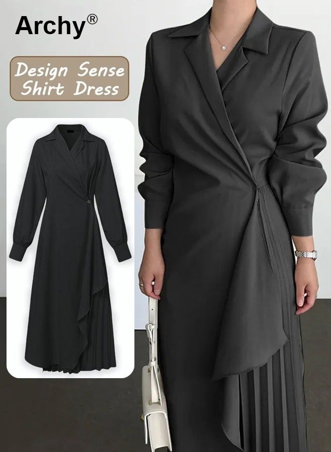 أرشي فستان ماكسي بمقاسات كبيرة للنساء فساتين خريفية بأكمام غير رسمية برقبة دائرية من الكتان فستان طويل لإخفاء البطن فساتين عمل مطوية يومية أنيقة عصرية بياقة قميص وأكمام طويلة - Image 3