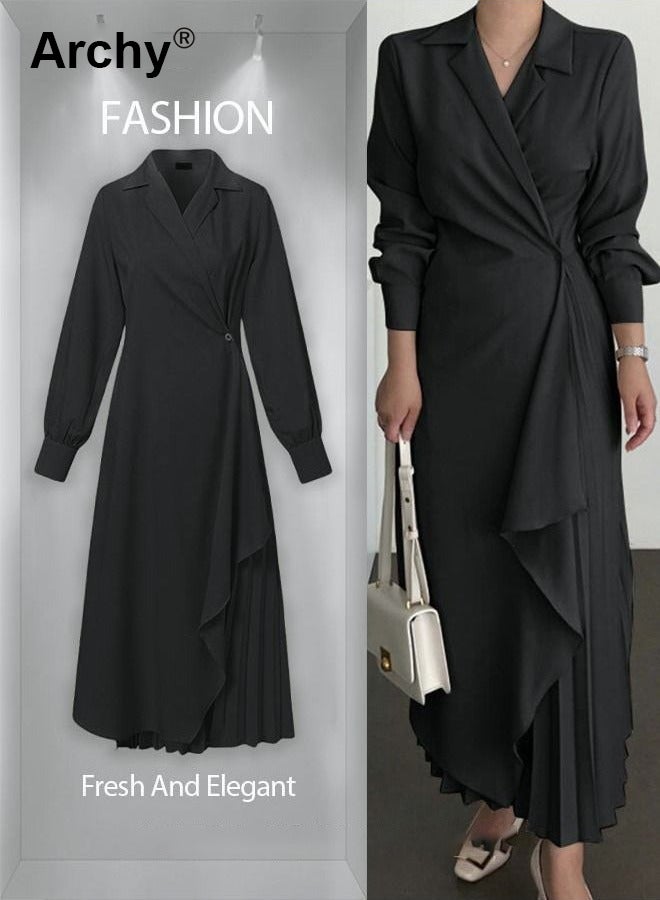 أرشي فستان ماكسي بمقاسات كبيرة للنساء فساتين خريفية بأكمام غير رسمية برقبة دائرية من الكتان فستان طويل لإخفاء البطن فساتين عمل مطوية يومية أنيقة عصرية بياقة قميص وأكمام طويلة - Image 1