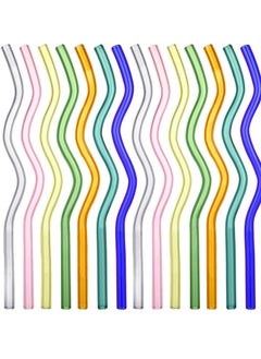14 Colorful Wavy Glass Straws Set, 8 x 200 mm Durable Borosilicate Straws for Beverages, Coffee, Milk, and Tea