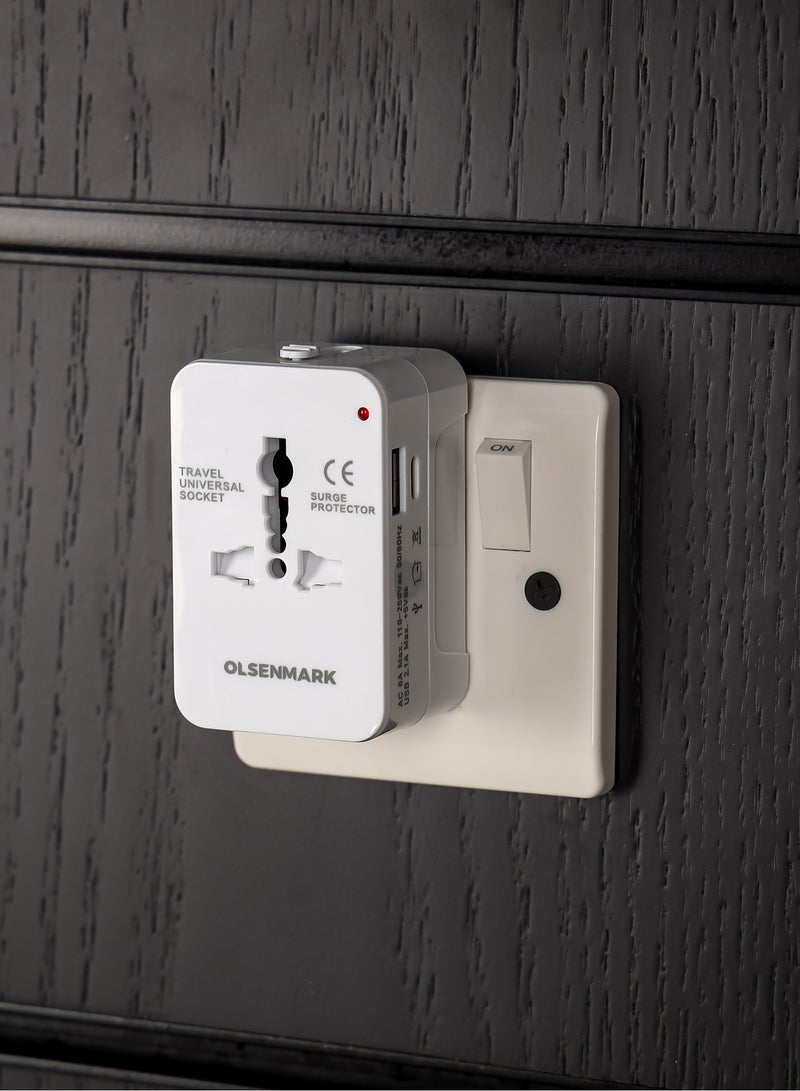 أولسنمارك Olsenmark Travel Universal Socket-OMES1885 / with Type C and 2 USB Ports/ Surge Protector, International Travel Adapter with Maximum Current of 10A. 2500 Watts/ White Color - Image 3