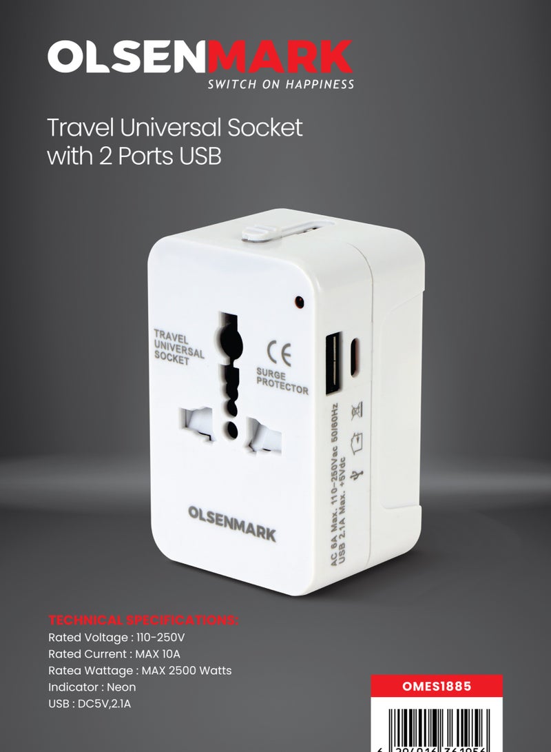 أولسنمارك Olsenmark Travel Universal Socket-OMES1885 / with Type C and 2 USB Ports/ Surge Protector, International Travel Adapter with Maximum Current of 10A. 2500 Watts/ White Color - Image 1
