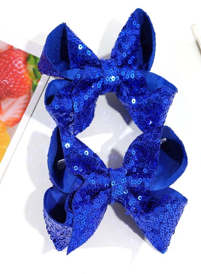 Jeffan 2 PCS 6 Inches Sequins Large Bows Alligator Hair Clip Hair Barrettes Accessories for Women Teens Girls Kids (Royal Blue) - Image 3