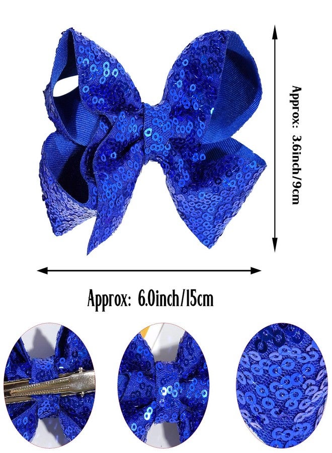 Jeffan 2 PCS 6 Inches Sequins Large Bows Alligator Hair Clip Hair Barrettes Accessories for Women Teens Girls Kids (Royal Blue) - Image 2