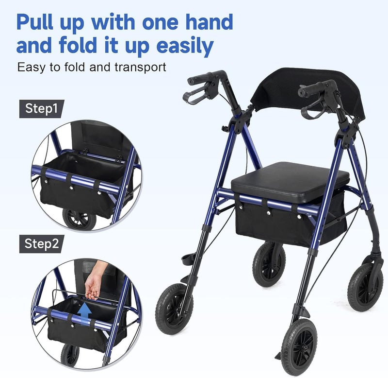FlyingJoy Lightweight Rollator Walker with Seat & Backrest - Foldable Mobility Aid for Seniors, 8" Airless Tires, Adjustable Height, Brake, Large Storage Bag,300 lbs Capacity, 4 Wheel Rolling Walkers for Adults - Image 3