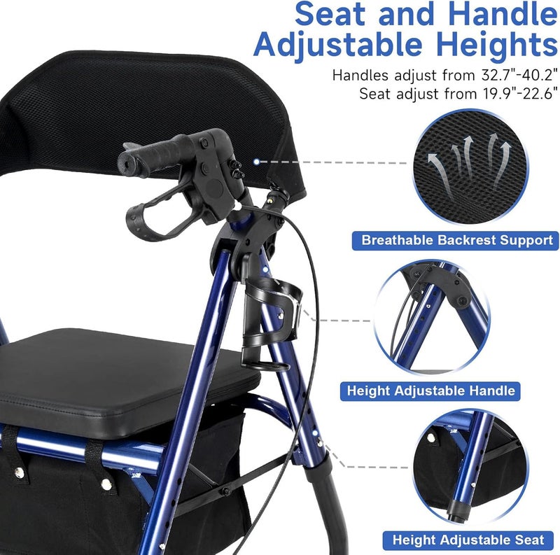 FlyingJoy Lightweight Rollator Walker with Seat & Backrest - Foldable Mobility Aid for Seniors, 8" Airless Tires, Adjustable Height, Brake, Large Storage Bag,300 lbs Capacity, 4 Wheel Rolling Walkers for Adults - Image 5