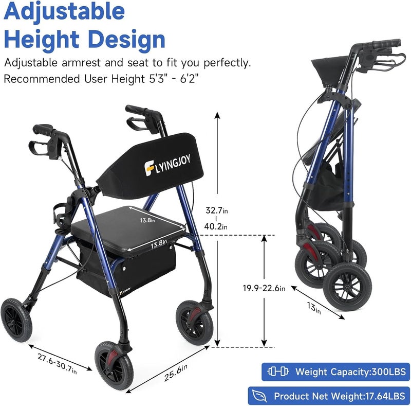 FlyingJoy Lightweight Rollator Walker with Seat & Backrest - Foldable Mobility Aid for Seniors, 8" Airless Tires, Adjustable Height, Brake, Large Storage Bag,300 lbs Capacity, 4 Wheel Rolling Walkers for Adults - Image 2