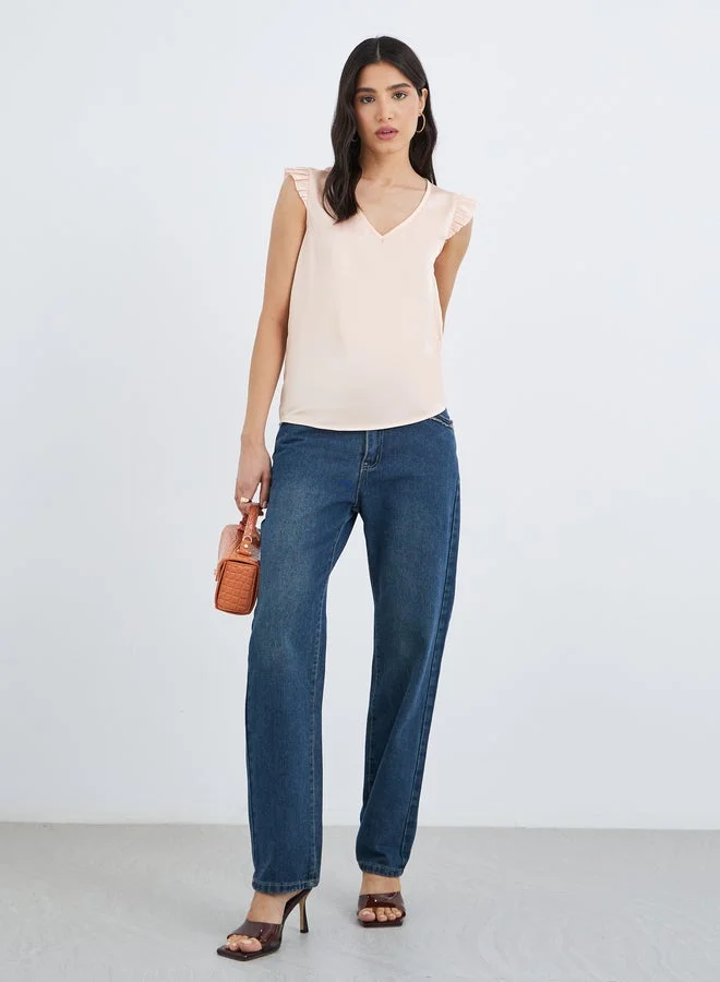 Take Two Women Pink Ruffle Sleeve V Neck Blouse