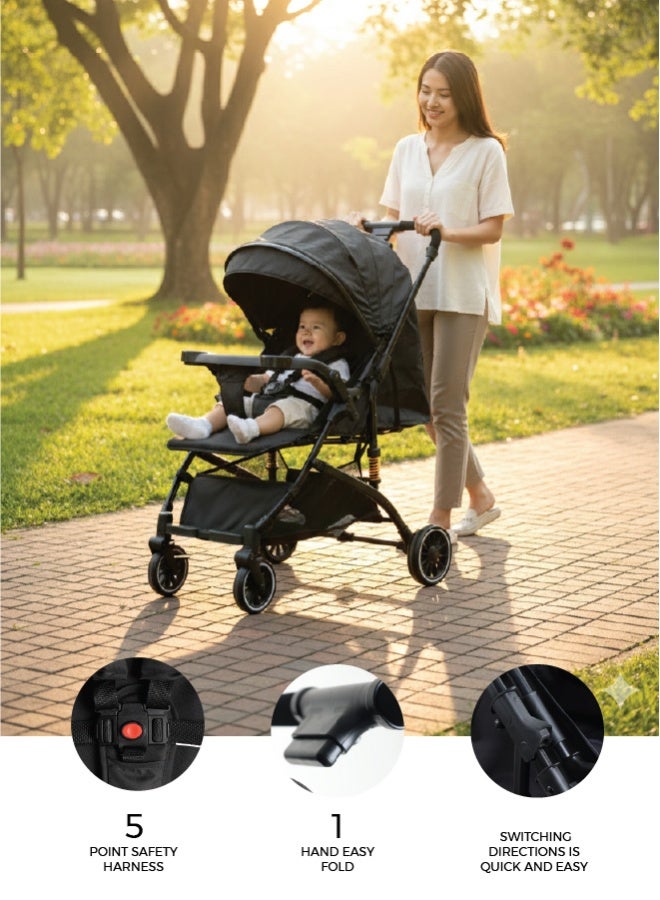 Zenito Lightweight 6.5 kg Reversible Baby Stroller, Two-Way Push Travel Stroller with One-Hand Fold, Adjustable Seat & Canopy, Shock-Absorbing Wheels, 5-Point Safety Harness & Large Basket, 0-36 Months | Grey - Image 5