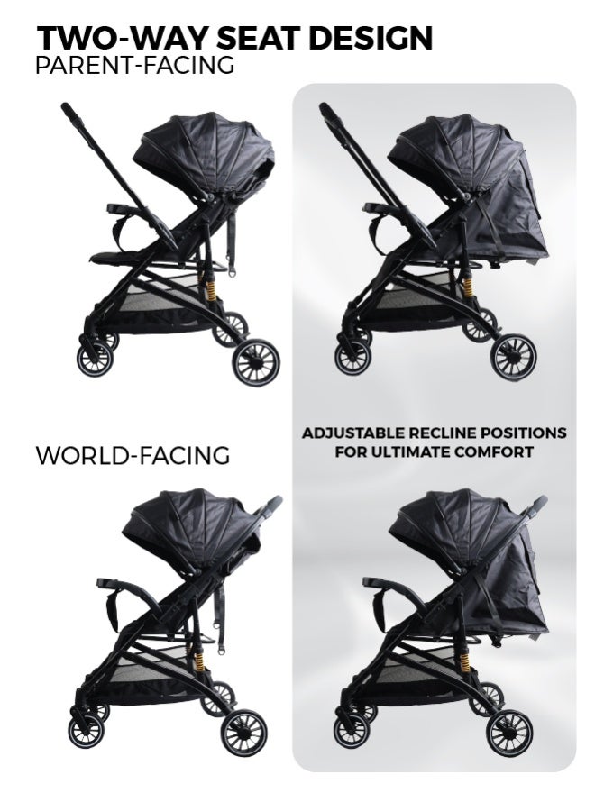 Zenito Lightweight 6.5 kg Reversible Baby Stroller, Two-Way Push Travel Stroller with One-Hand Fold, Adjustable Seat & Canopy, Shock-Absorbing Wheels, 5-Point Safety Harness & Large Basket, 0-36 Months | Grey - Image 3