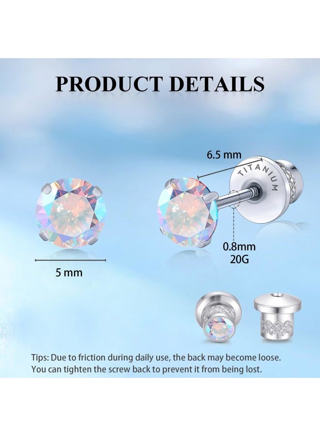 Limerencia Hypoallergenic G23 Implant Grade Titanium Screw Back Earrings Tragus 20G Helix F136 Piercing Post for Sensitive Ears Simulated Diamond Cartilage (5 mm, Aurora Borealis) - Image 3