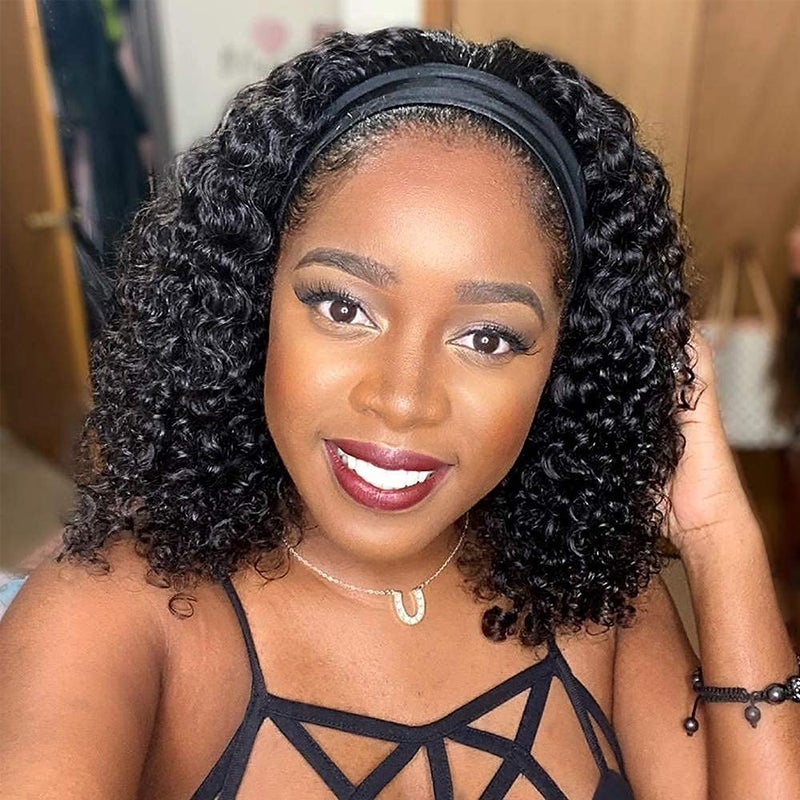 mengkai 12 Inch Headband Wig Human Hair Curly Headband Wigs for Women Density Brazilian Virgin Human Hair Headband Wig Glueless Curly Headband Wig Human Hair Natural Black Headband Wig