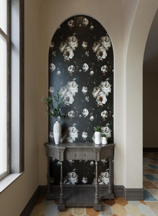 Laatse Dark Floral Wallpapr Peel and Stick Boho Wallpaper 17.5in x 393in Black Floral Contact Paper Waterproof Self Adhesive Vintage Large Floral Wall Paper for Bedroom Walls Cabinet Decor - Image 2