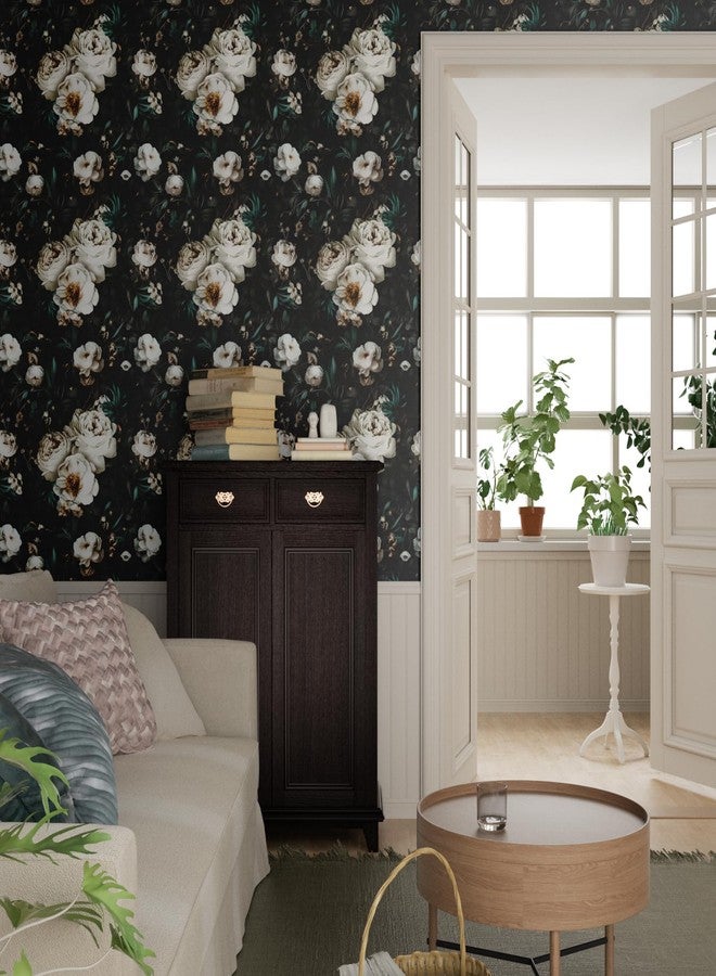 Laatse Dark Floral Wallpapr Peel and Stick Boho Wallpaper 17.5in x 393in Black Floral Contact Paper Waterproof Self Adhesive Vintage Large Floral Wall Paper for Bedroom Walls Cabinet Decor - Image 4