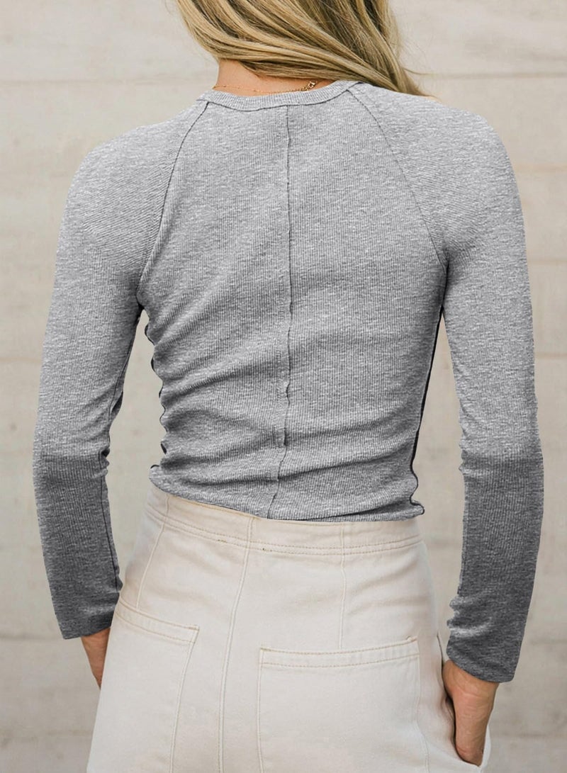 Sidefeel Womens Long Sleeve Shirts Fall Fashion 2025 Crewneck Ribbed Knit Going Out Tops Casual Tshirts Basics Tees Y2k Clothes Gray M - Image 2
